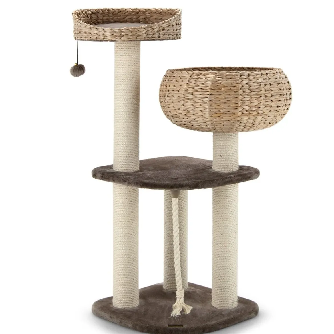 104 cm Katzenbaum aus Holz mit Betten & Spielzeugball & Seil & Sisal umwickelte Säulen