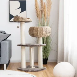 104 cm Katzenbaum aus Holz mit Betten & Spielzeugball & Seil & Sisal umwickelte Säulen