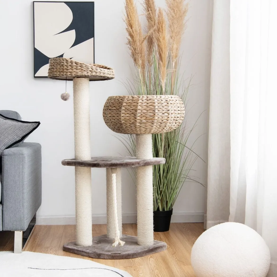 104 cm Katzenbaum aus Holz mit Betten & Spielzeugball & Seil & Sisal umwickelte Säulen