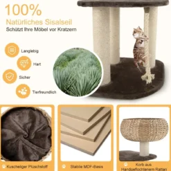 104 cm Katzenbaum aus Holz mit Betten & Spielzeugball & Seil & Sisal umwickelte Säulen