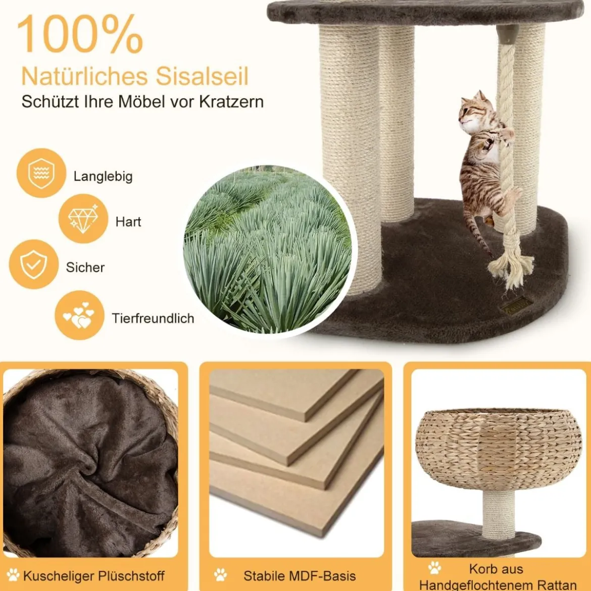 104 cm Katzenbaum aus Holz mit Betten & Spielzeugball & Seil & Sisal umwickelte Säulen