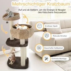 104 cm Katzenbaum aus Holz mit Betten & Spielzeugball & Seil & Sisal umwickelte Säulen