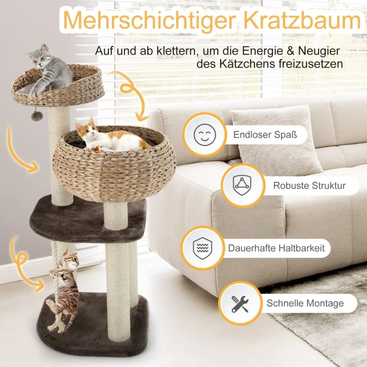 104 cm Katzenbaum aus Holz mit Betten & Spielzeugball & Seil & Sisal umwickelte Säulen