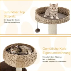 104 cm Katzenbaum aus Holz mit Betten & Spielzeugball & Seil & Sisal umwickelte Säulen