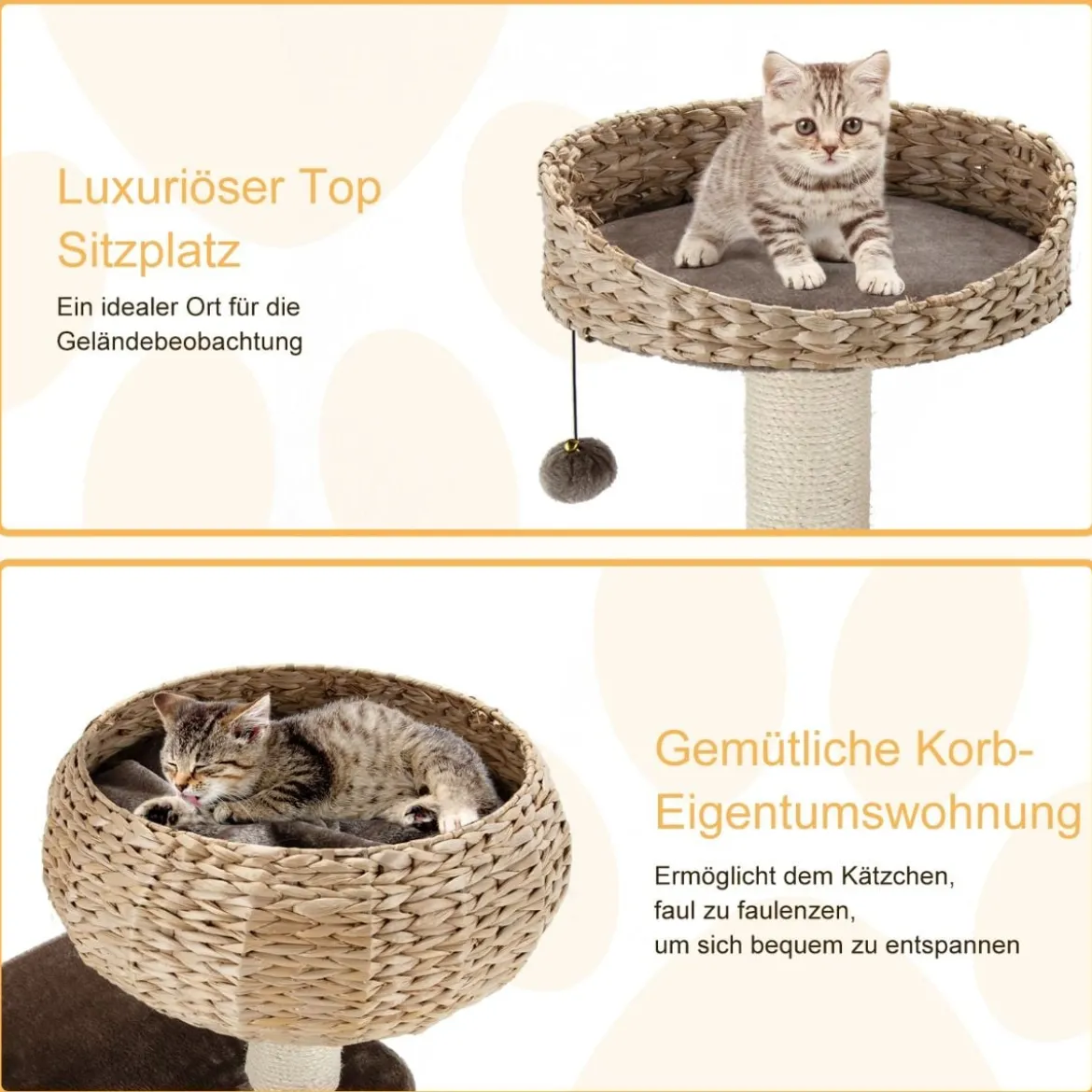 104 cm Katzenbaum aus Holz mit Betten & Spielzeugball & Seil & Sisal umwickelte Säulen