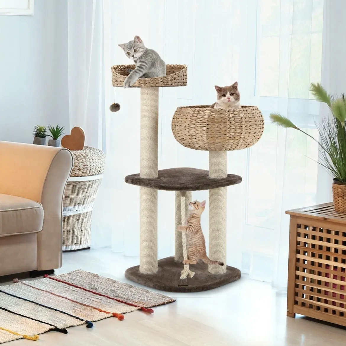 104 cm Katzenbaum aus Holz mit Betten & Spielzeugball & Seil & Sisal umwickelte Säulen