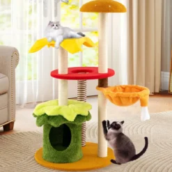 117 cm Katzenbaum mehrstufiger Kletterturm mit Hängekorb gepolsterter Sitzplatz Sisal-Kratzbrettern Kratzbaum Orange