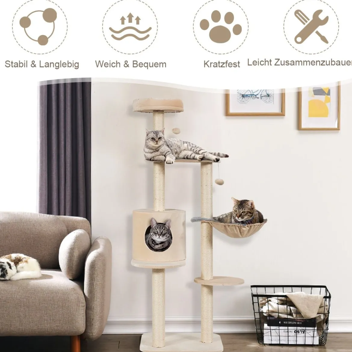 144cm Katzenbaum mit Sisalbezogenen Säulen & Plüsch & Höhle & Liege Beige
