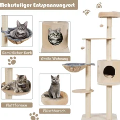 144cm Katzenbaum mit Sisalbezogenen Säulen & Plüsch & Höhle & Liege Beige