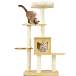 135cm Katzenbaum 4-stufiger Katzenkratzbaum Holz Kratzbaum Spielhaus mit Höhle und 4 Matten Katzenmöbel