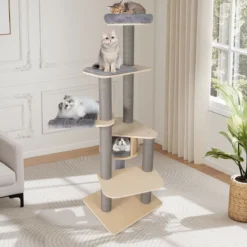 197 cm Katzenturm mehrstöckiger Katzenbaum mit gepolstertem oberem Ruheplatz Katzenhaus Grau