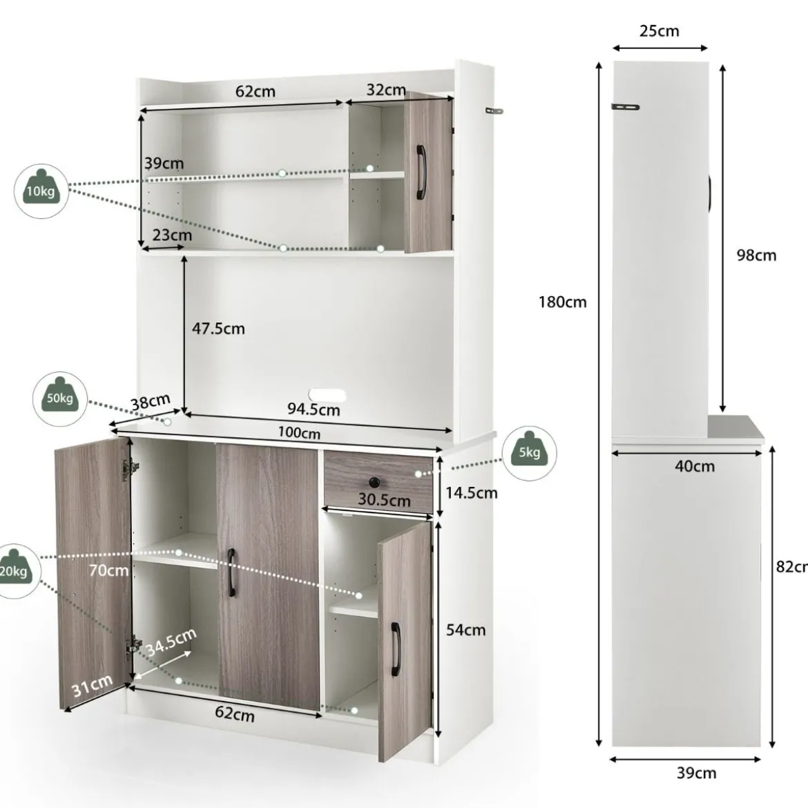 180 cm Küchenschrank mit Ladestation & Arbeitsplatte & Schublade Buffet Sideboard