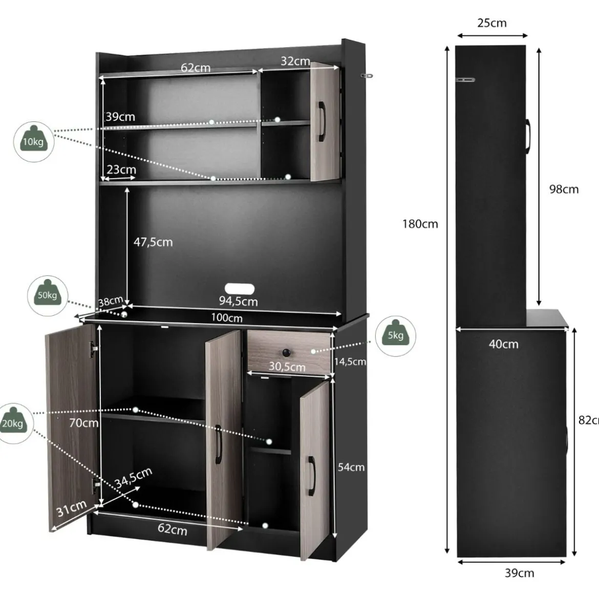 180 cm Küchenschrank mit Ladestation & Arbeitsplatte & Schublade Buffet Sideboard