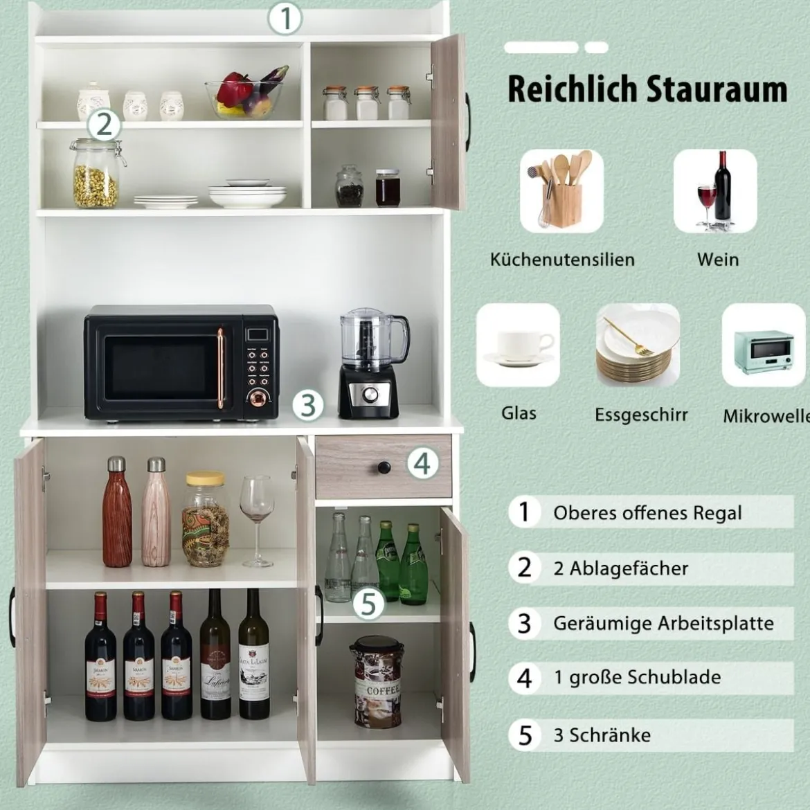 180 cm Küchenschrank mit Ladestation & Arbeitsplatte & Schublade Buffet Sideboard