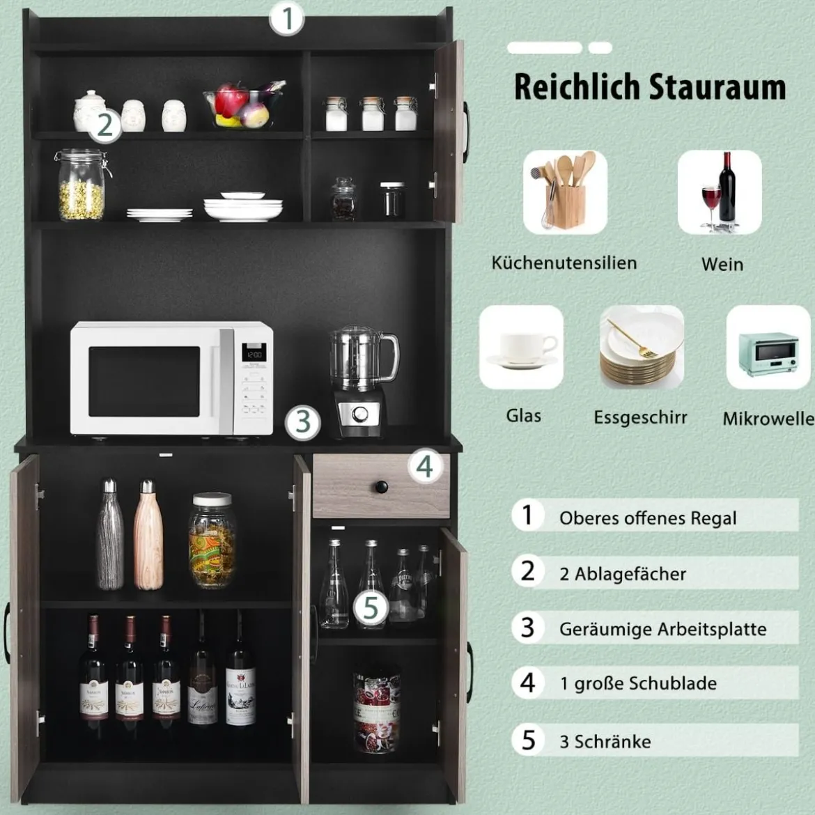 180 cm Küchenschrank mit Ladestation & Arbeitsplatte & Schublade Buffet Sideboard