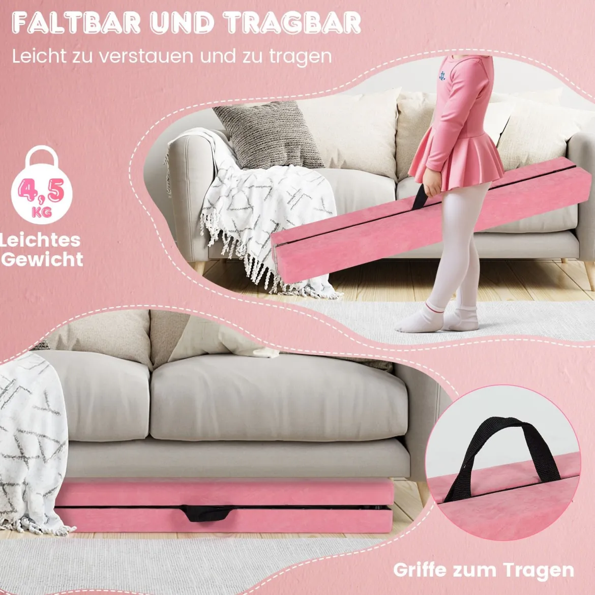 240 cm Kinder Schwebebalken klappbare Balancierbalken Gymnastikbalken mit Tragegriff Rosa