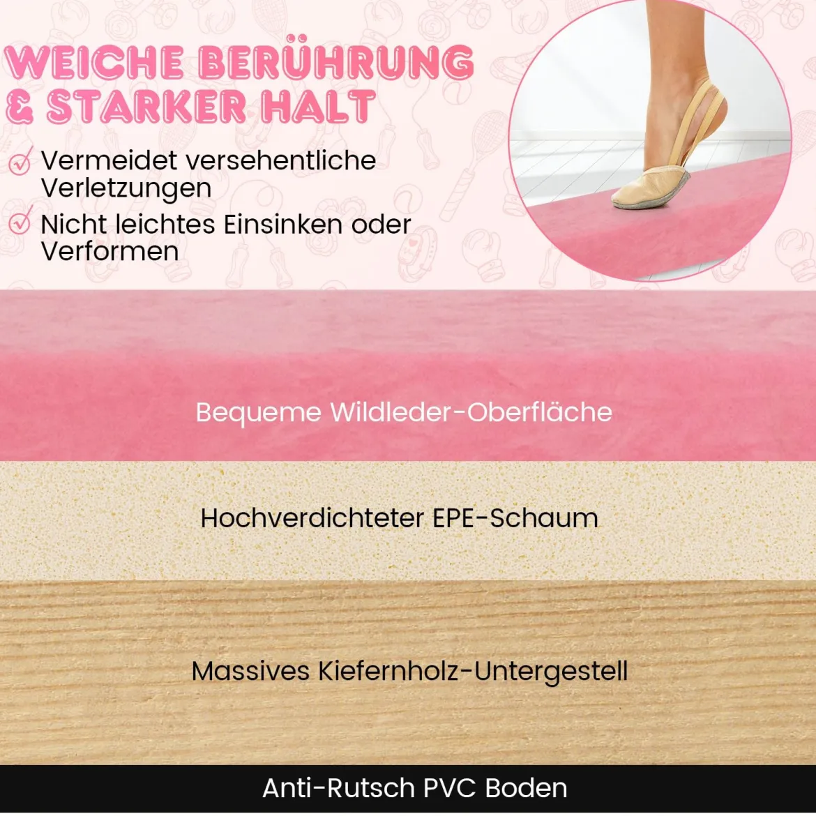 240 cm Kinder Schwebebalken klappbare Balancierbalken Gymnastikbalken mit Tragegriff Rosa