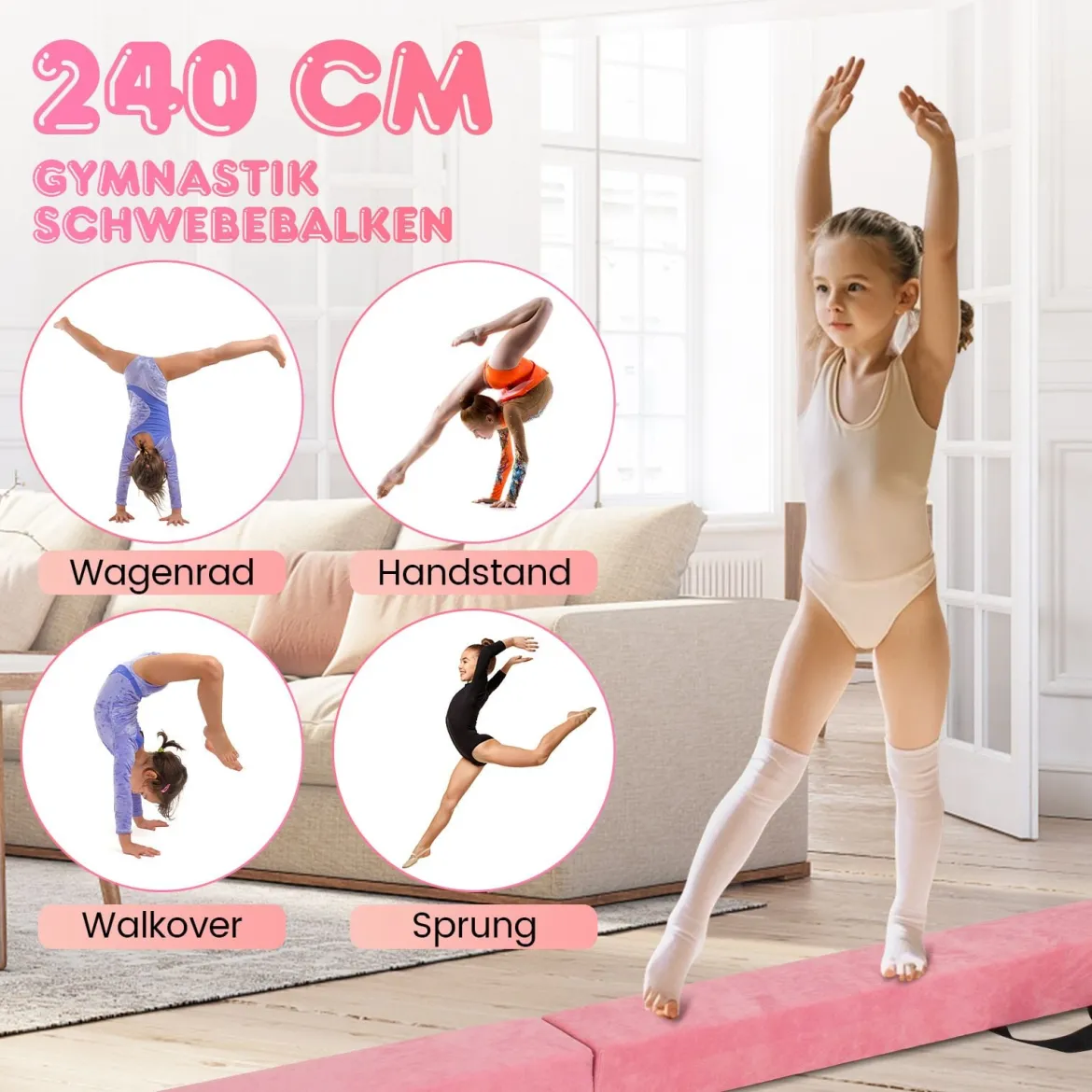 240 cm Kinder Schwebebalken klappbare Balancierbalken Gymnastikbalken mit Tragegriff Rosa
