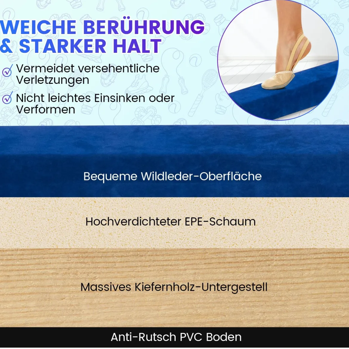 240 cm Kinder Schwebebalken klappbare Balancierbalken Gymnastikbalken mit Tragegriff Blau