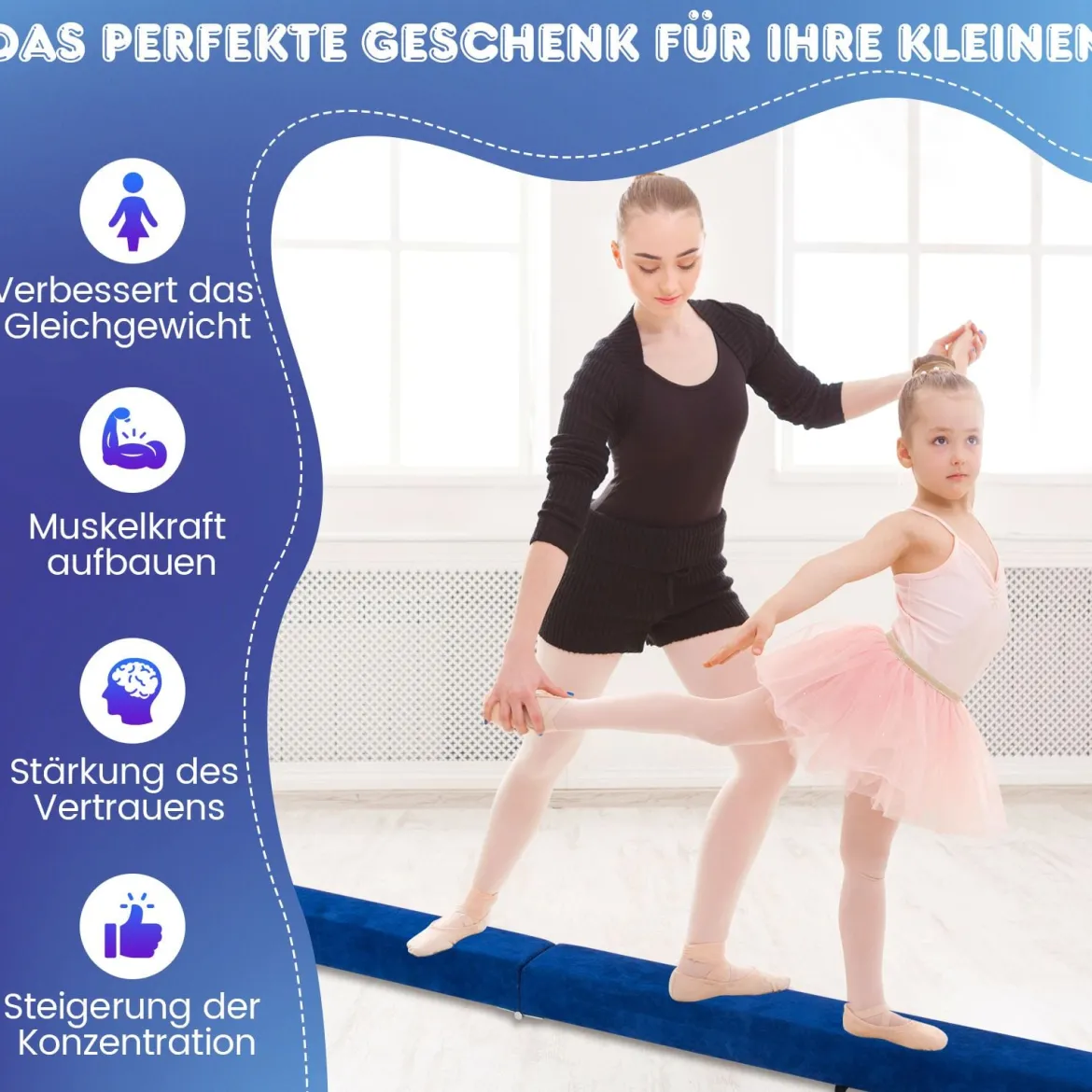 240 cm Kinder Schwebebalken klappbare Balancierbalken Gymnastikbalken mit Tragegriff Blau