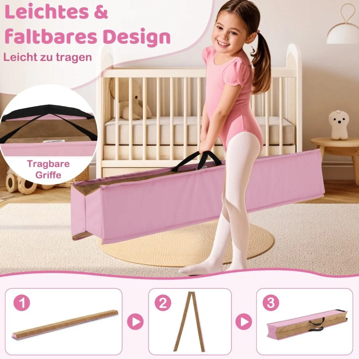 240 cm Kinder Schwebebalken mit Tragegriff & Wildlederbezug Klappbarer Balancierbalken