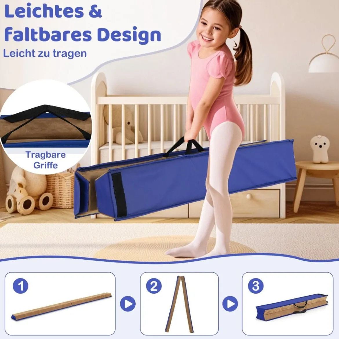 240 cm Kinder Schwebebalken mit Tragegriff & Wildlederbezug Klappbarer Balancierbalken