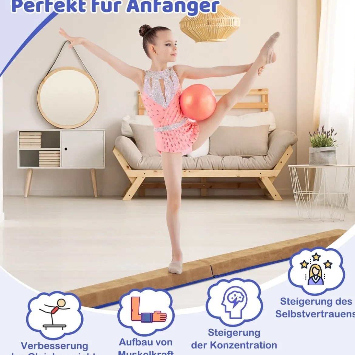 240 cm Kinder Schwebebalken mit Tragegriff & Wildlederbezug Klappbarer Balancierbalken