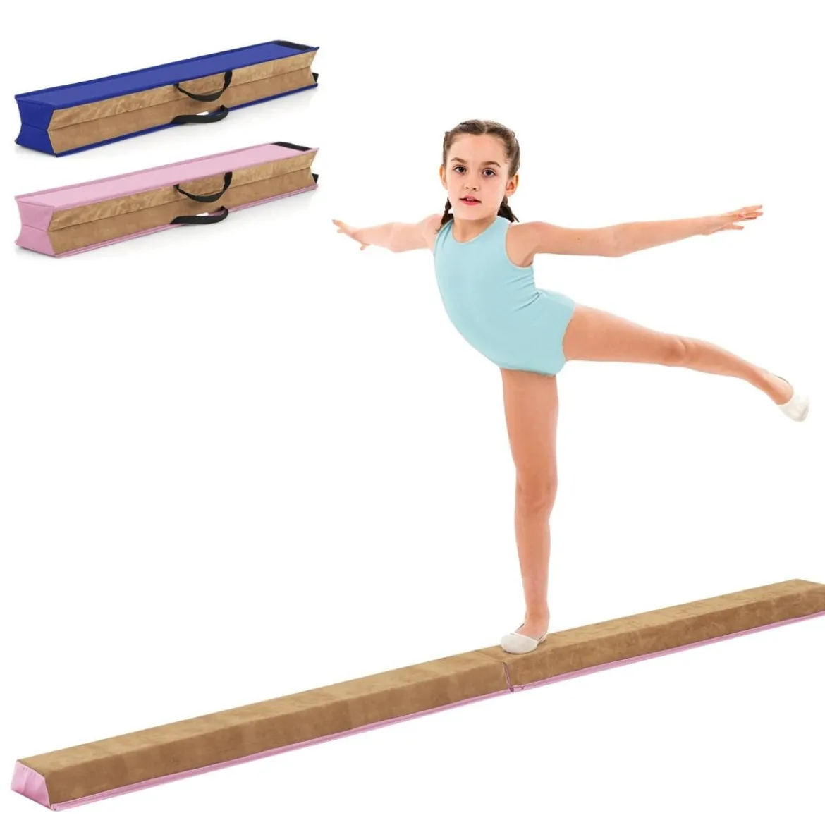 240 cm Kinder Schwebebalken mit Tragegriff & Wildlederbezug Klappbarer Balancierbalken