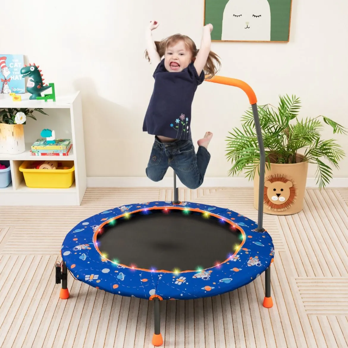 Ø92 cm Kindertrampolin Mini Trampolin mit LED-Beleuchtung & abnehmbarer Griff