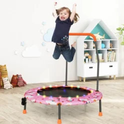 Ø92 cm Kindertrampolin Mini Trampolin mit LED-Beleuchtung & abnehmbarer Griff