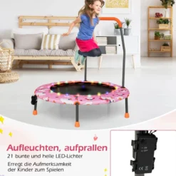 Ø92 cm Kindertrampolin Mini Trampolin mit LED-Beleuchtung & abnehmbarer Griff