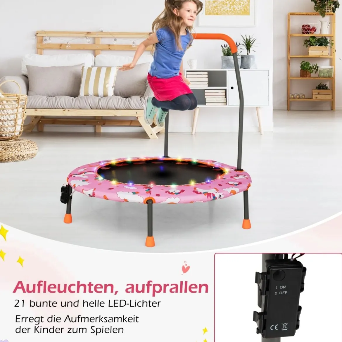 Ø92 cm Kindertrampolin Mini Trampolin mit LED-Beleuchtung & abnehmbarer Griff