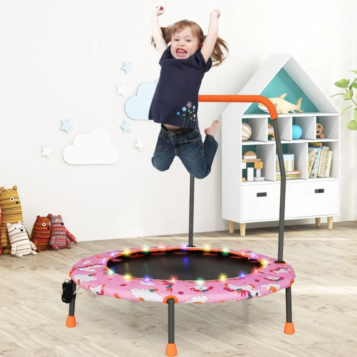 Ø92 cm Kindertrampolin Mini Trampolin mit LED-Beleuchtung & abnehmbarer Griff