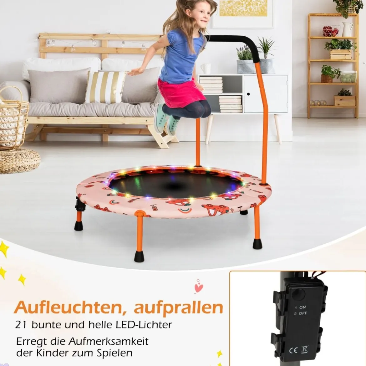 Ø92 cm Kindertrampolin Mini Trampolin mit LED-Beleuchtung & abnehmbarer Griff