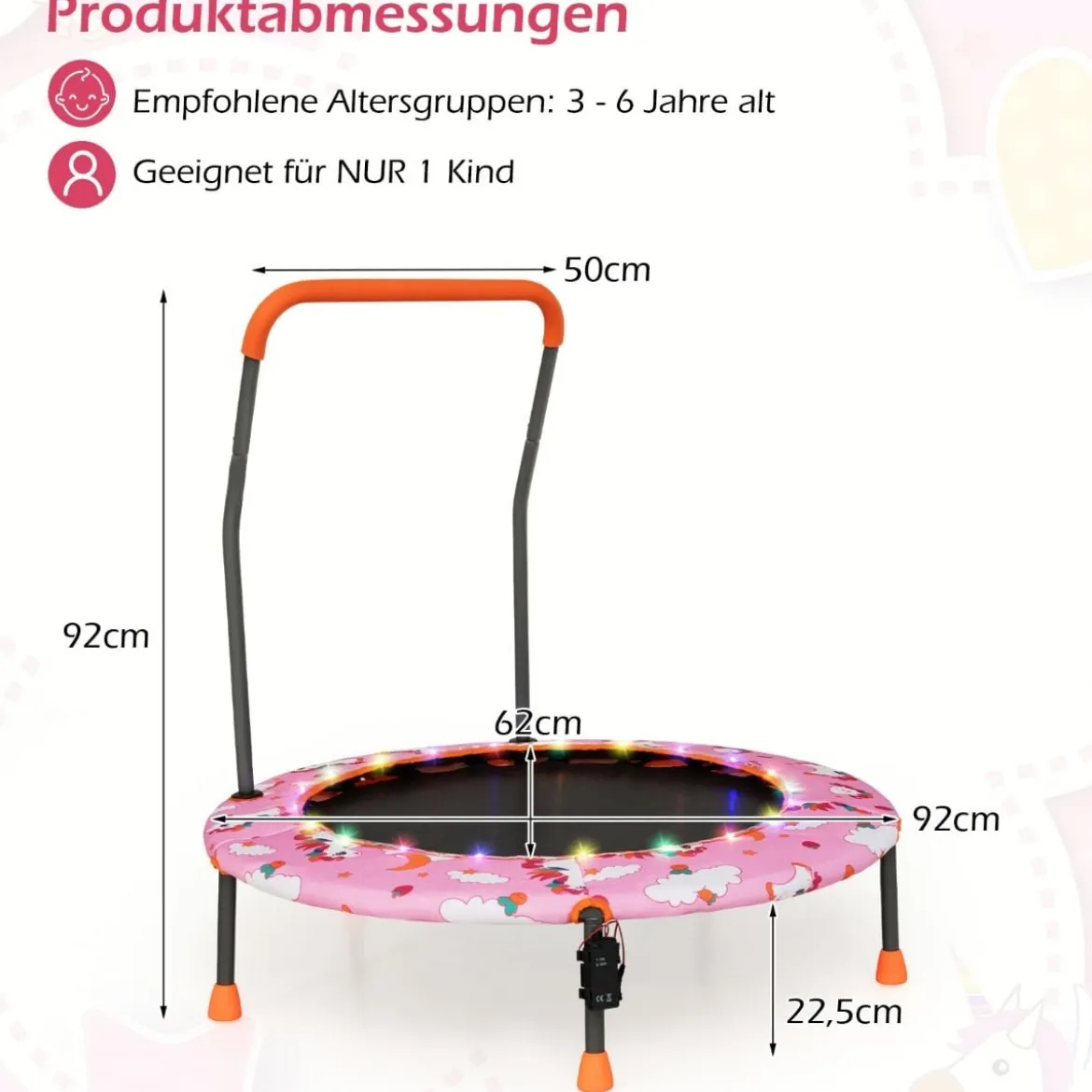 Ø92 cm Kindertrampolin Mini Trampolin mit LED-Beleuchtung & abnehmbarer Griff