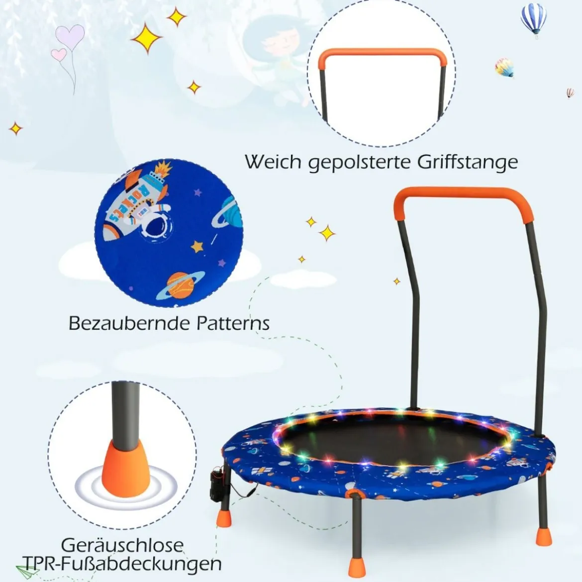 Ø92 cm Kindertrampolin Mini Trampolin mit LED-Beleuchtung & abnehmbarer Griff