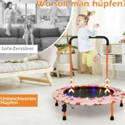 Ø92 cm Kindertrampolin Mini Trampolin mit LED-Beleuchtung & abnehmbarer Griff
