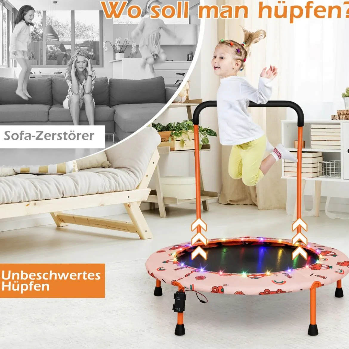 Ø92 cm Kindertrampolin Mini Trampolin mit LED-Beleuchtung & abnehmbarer Griff
