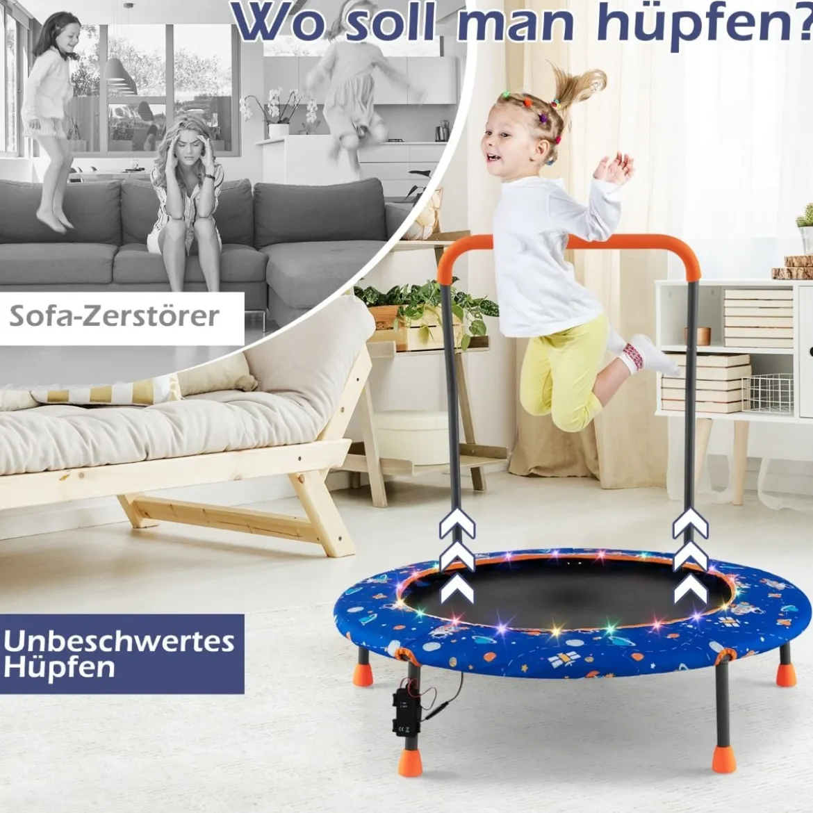 Ø92 cm Kindertrampolin Mini Trampolin mit LED-Beleuchtung & abnehmbarer Griff