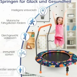 Ø92 cm Kindertrampolin Mini Trampolin mit LED-Beleuchtung & abnehmbarer Griff
