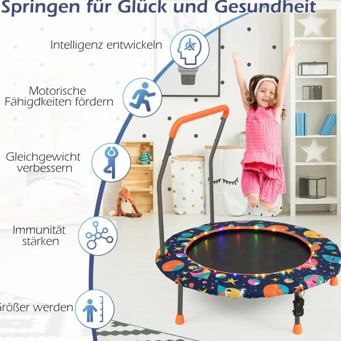 Ø92 cm Kindertrampolin Mini Trampolin mit LED-Beleuchtung & abnehmbarer Griff