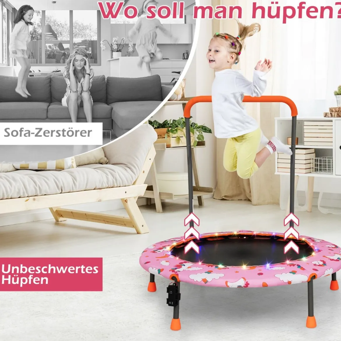 Ø92 cm Kindertrampolin Mini Trampolin mit LED-Beleuchtung & abnehmbarer Griff