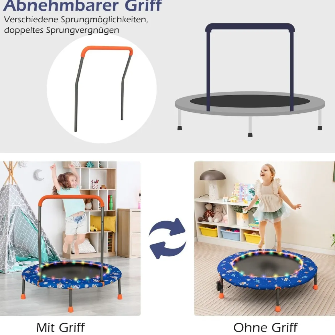 Ø92 cm Kindertrampolin Mini Trampolin mit LED-Beleuchtung & abnehmbarer Griff