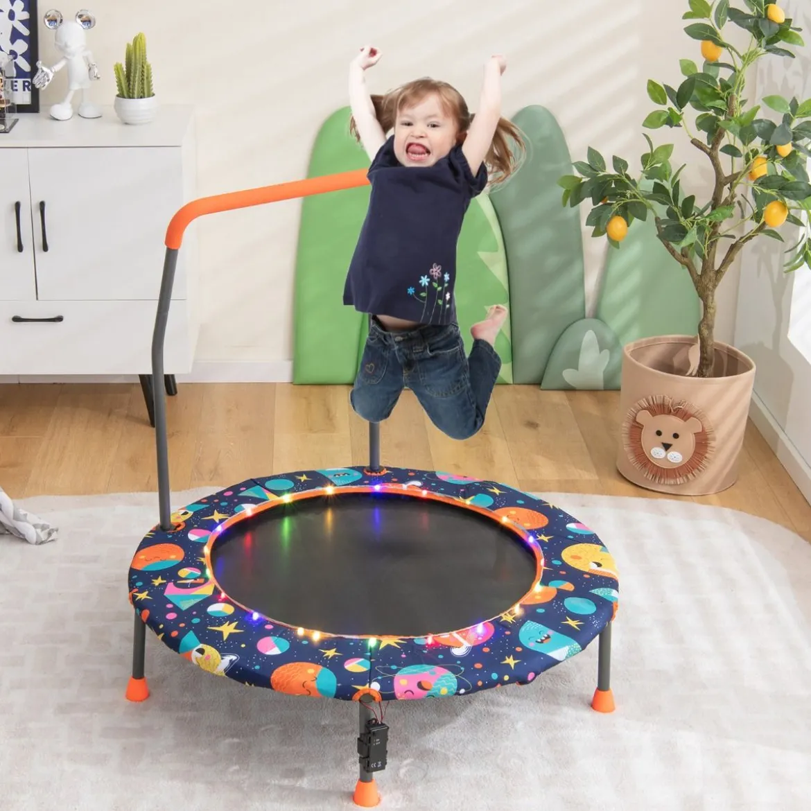 Ø92 cm Kindertrampolin Mini Trampolin mit LED-Beleuchtung & abnehmbarer Griff