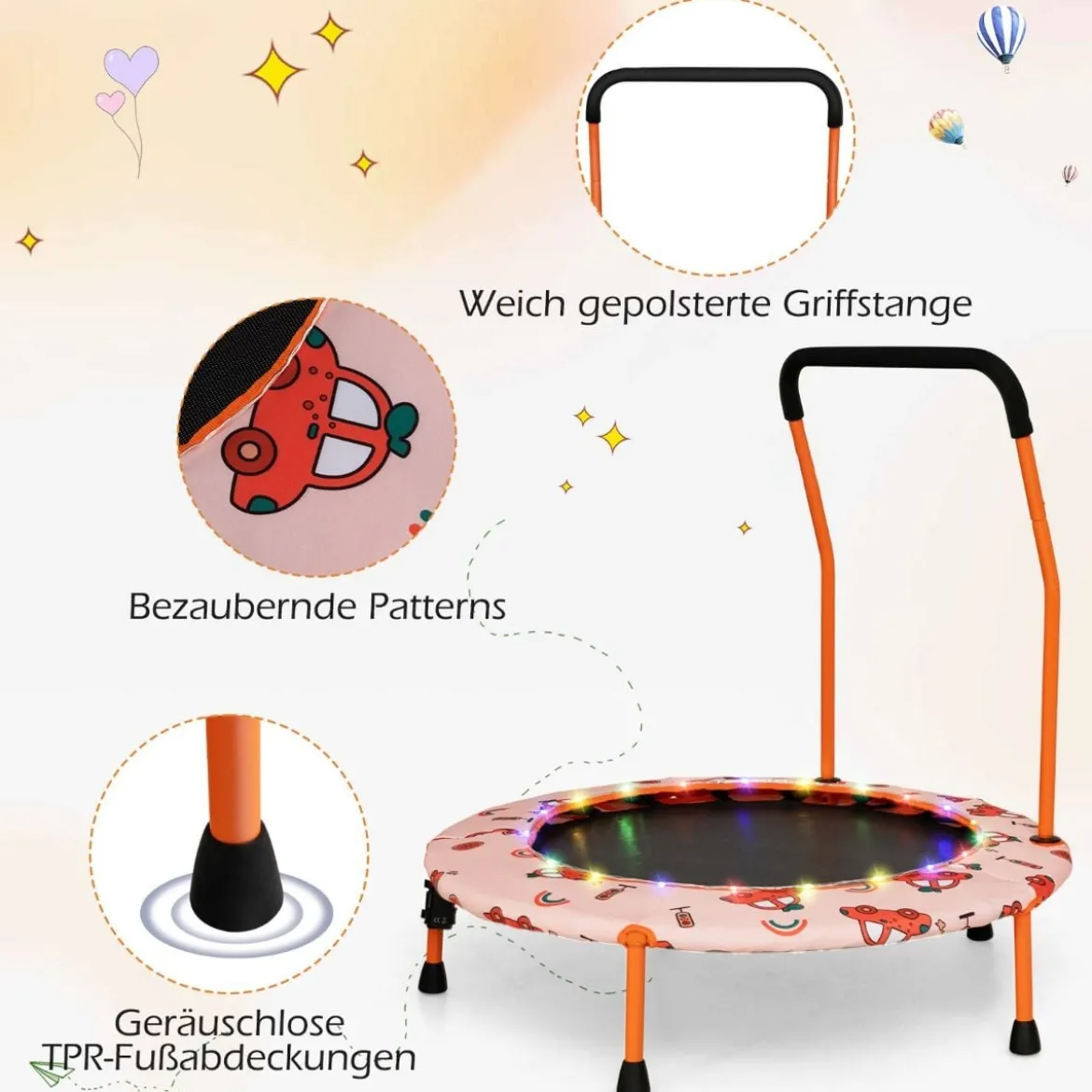 Ø92 cm Kindertrampolin Mini Trampolin mit LED-Beleuchtung & abnehmbarer Griff