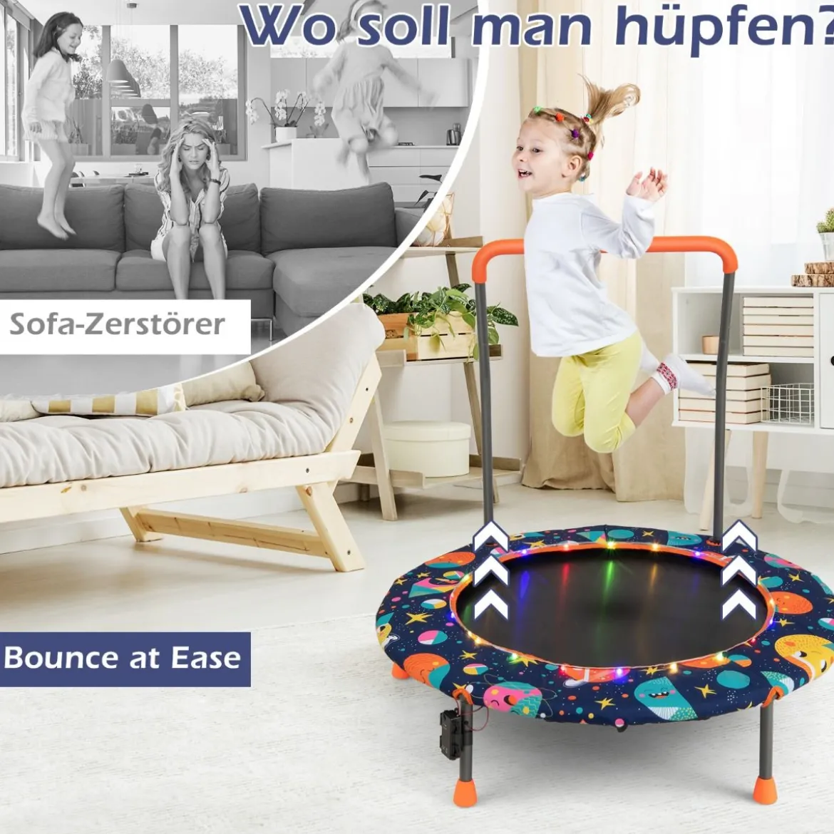 Ø92 cm Kindertrampolin Mini Trampolin mit LED-Beleuchtung & abnehmbarer Griff
