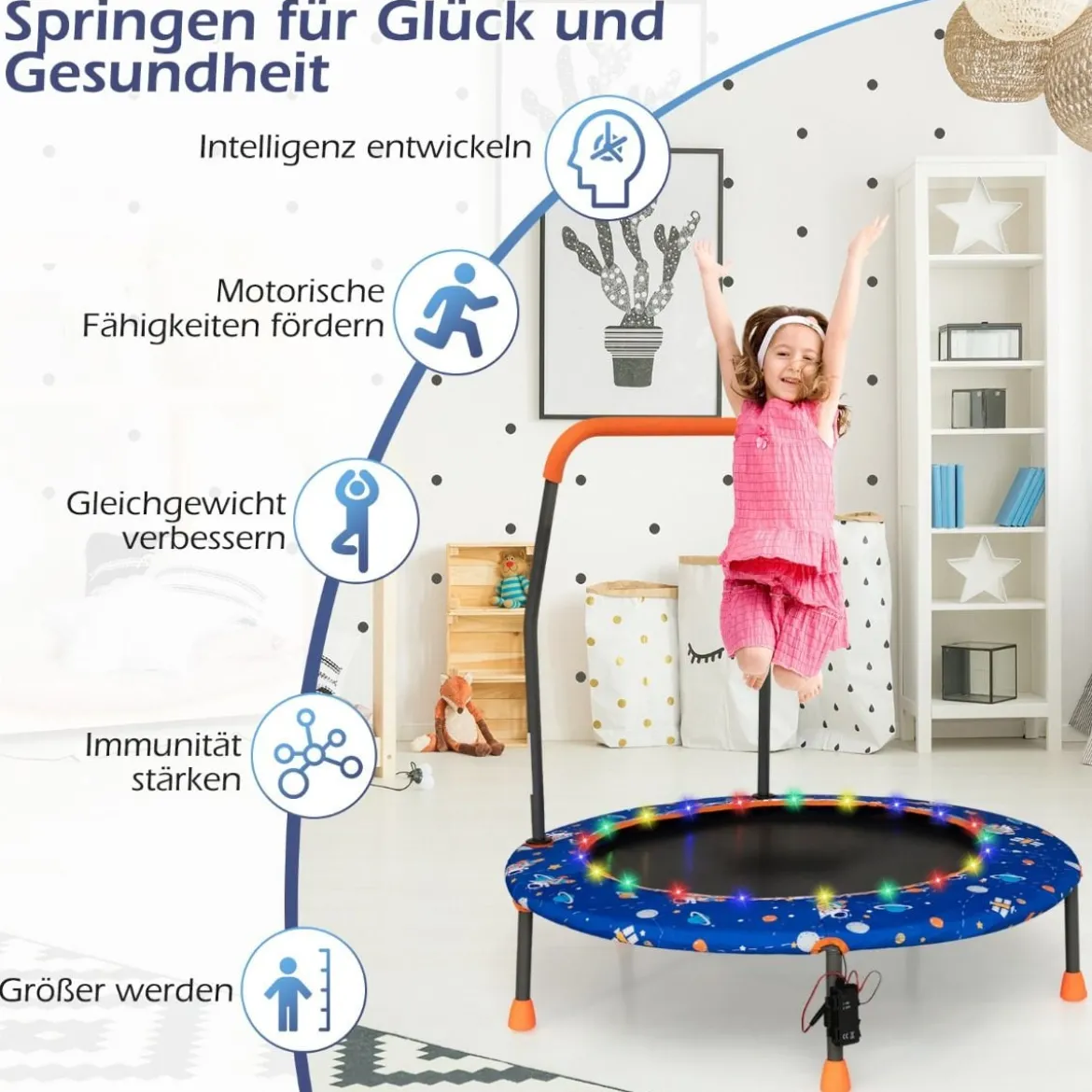 Ø92 cm Kindertrampolin Mini Trampolin mit LED-Beleuchtung & abnehmbarer Griff