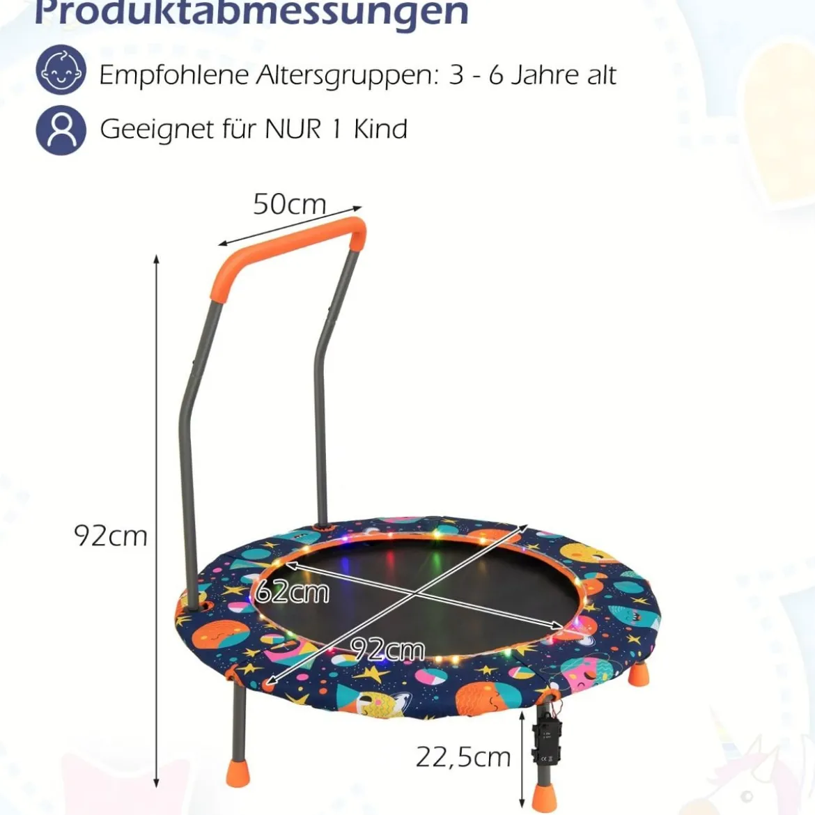 Ø92 cm Kindertrampolin Mini Trampolin mit LED-Beleuchtung & abnehmbarer Griff