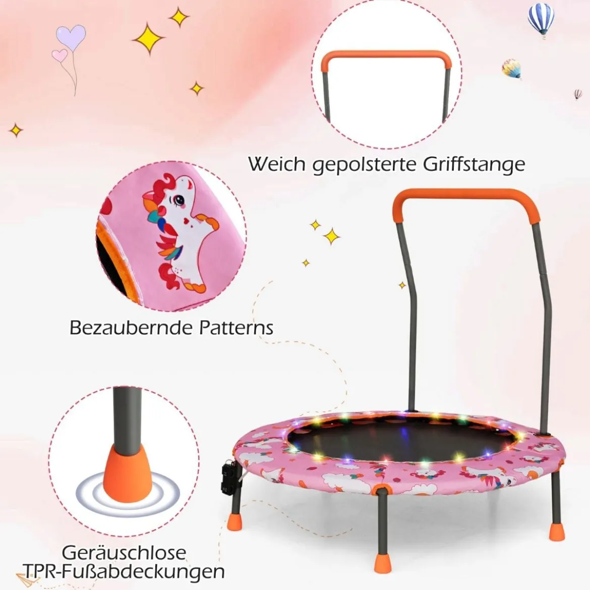 Ø92 cm Kindertrampolin Mini Trampolin mit LED-Beleuchtung & abnehmbarer Griff