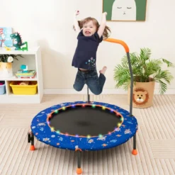 Ø92 cm Kindertrampolin Mini Trampolin mit LED-Beleuchtung & abnehmbarer Griff